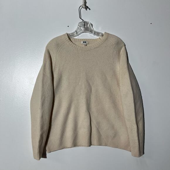 UNIQLO 100% Wool Crew Neck Pullover Cream Long Sleeved Sweater Womens Size Large - Picture 1 of 8